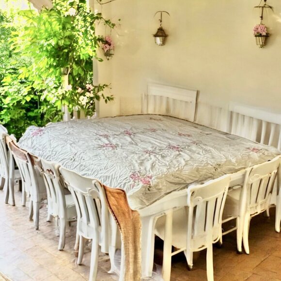 Other - Beige Floral Embroidered Tablecloth 67" X 49" Pink & Blue Cross-Stitch VTG